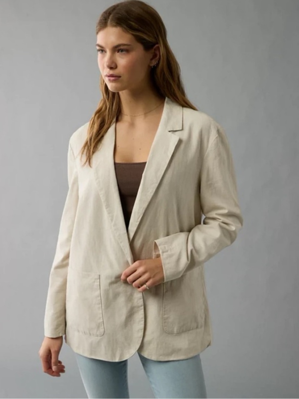 NWT AE Beige Relaxed Linen-Blend Lightweight Blazer
